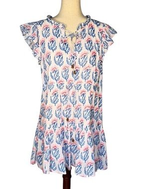 Oliphant Mini Soft Gauzy 100% Cotton Front Tie Neck Dress - Blue & Pink floral